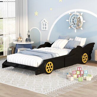 EDWINRAY Race Car-Shaped Twin Size Platform Bed with Wheels, Creative Design for Kids Bedroom, No Spring Box Needed, Black+Yellow
