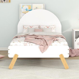 GREATPLANINC Wooden Twin Size Kids Bed Platform Bed with Curved Headboard, White