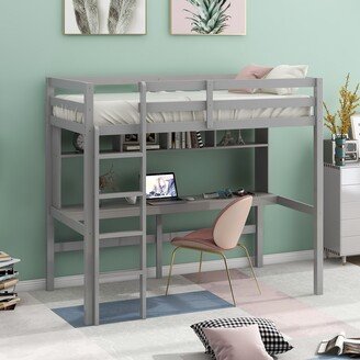 EDWINRAY Twin Size Loft Bed with Convenient Desk & Storage Shelves, Solid Wood Bedframe with Ladder for Kid Teens Bedroom