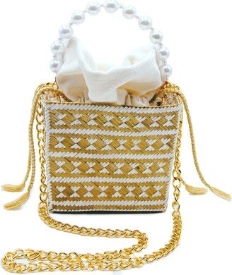 Washein Tuparro White & Gold Small Handwoven Straw Basket Bag