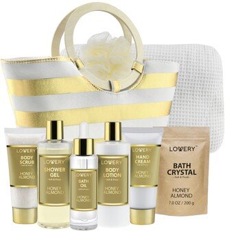 Lovery Honey Almond Home Spa Gift Set, Bath and Body Care with Tote Bag, 9 Piece