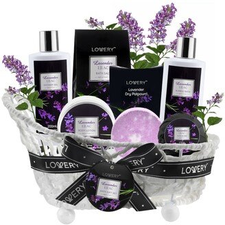 Lovery Bath and Body Gift Basket, Lavender Lilac Spa Kit and Body Care Gift Set, 8 Piece