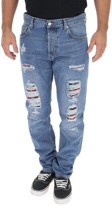 Tartan Distressed Straight Leg Jeans