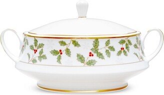 Holly and Berry Gold Covered Vegetable Serving Bowl