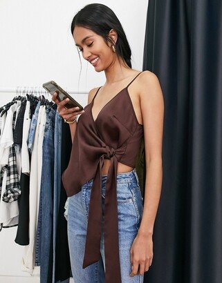 asymmetric drape cami with scarf hem in chocolate