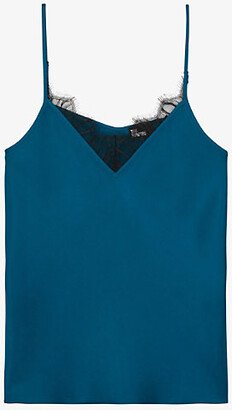 Womens Medium Blue Lace-trim Satin Camisole top