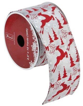 Northlight Silver and Red Flying Reindeer Wired Christmas Craft Ribbon 2.5 x 10 Yards