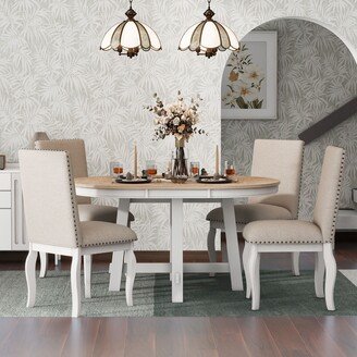 NA 5-Piece Wood Round Extendable Dining Table with 4 Upholstered Dining Chairs