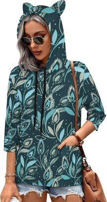 MENRIAOV Abstract Green Floral Womens Cute Hoodies with Cat Ears Sweatshirt Pullover with Pockets Shirt Top 3XL-AA