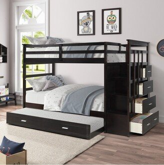 Twin Over Twin Wood Bunk Bed with 4 Drawers, Trundle and Staircase Espresso