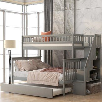 Calnod Twin Over Full Bunk Bed with Trundle & Storage Staircase, Solid Wood Bunk Bed with Full Length Guardrail, Space Saving Design