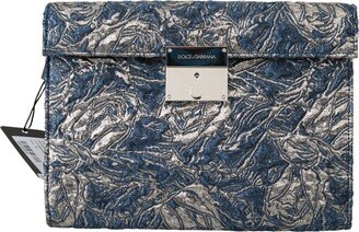 Blue Silver Jacquard Leather Document Briefcase Men's Bag