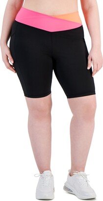 Id Ideology Plus Size Compression Colorblocked Shorts, Created for Macy's - Black/ Pink Shock