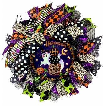 Whimsical Halloween Ghost Wreath With Harlequin, Polka Dot & Cheetah Pumpkins For Outside Fall Decorations