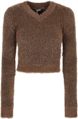 Fluffy V-Neck Long Sleeved Knitted Jumper