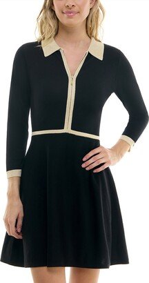 Juniors' Collared Front-Zip Fit & Flare Sweater Dress