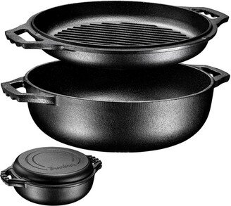 2-in-1 Black Enameled Cast Iron Cocotte Double Braiser Pan with Grill Lid, 3.3 Quart, Cookware Set with Dual Handles,