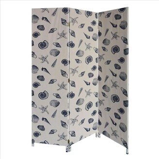 71 Inch 3 Panel Fabric Room Divider with Seashell Print - Blue - 71 H x 47 W x 2 L Inches