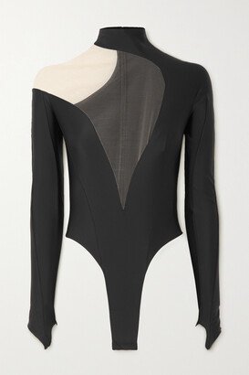 Illusion Asymmetric Tulle-paneled Stretch-jersey Bodysuit - Black