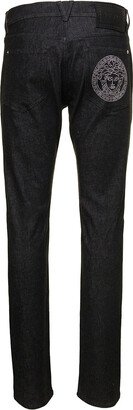 Black Straight Jeans With Studded Medusa In Stretch Cotton Denim Man