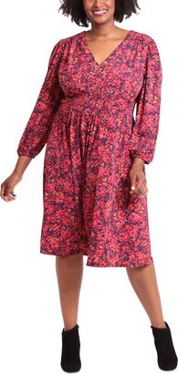 Plus Size Smocked-Trim Long-Sleeve Dress - Red/Navy