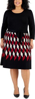 Plus Size Belted Patterned-Skirt Sweater Dress