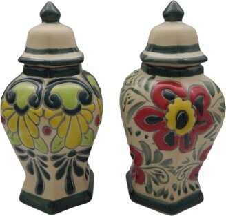 Set Of 2 Talavera Mexican Glazed Pottery Tibor Ginger Jar Canister with Lid Hanpainted # 04
