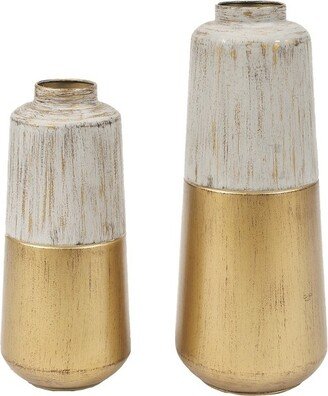 LuxenHome Set of 2 Distressed Gold and White Metal Bottle Vases