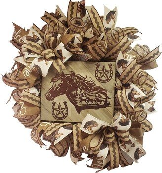 Burlap Horse Themed Wreath, Farmhouse Front Porch Decoration, Horseshoe Decor For The Home, Western Style Veterinarian Gift