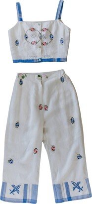 Sugar Cream Vintage Summer Blue Embroidered Floral Crop Top With Straps & Pant Set