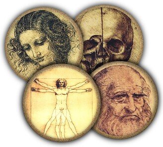 Leonardo Davinci Coaster Set, Drink Coasters, Tableware, Barware, Vintage Decor, Vitruvian Man, Art