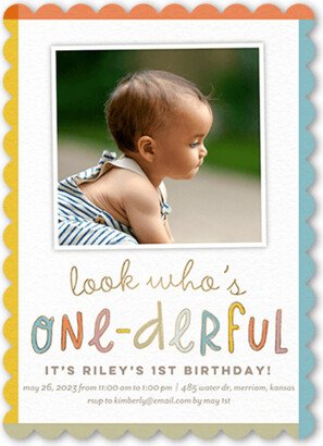 Baby's First Birthday: Onederful Time Birthday Invitation, Blue, 5X7, Pearl Shimmer Cardstock, Scallop