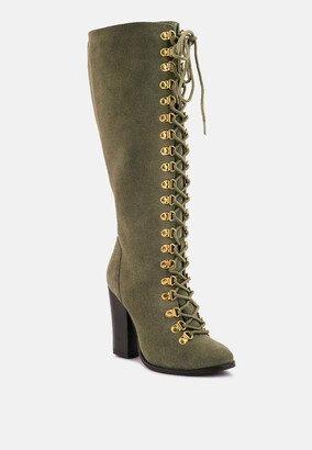 Rag & Co STREET-SLAY Antique Eyelets lace up Knee Boots In Olive