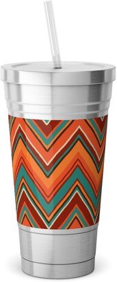 Travel Mugs: Fall Crazy Chevron - Orange And Teal Stainless Tumbler With Straw, 18Oz, Orange