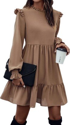 Antiy Women's Dresses Frill Neck Ruffle Hem Flounce Sleeve Dress Without Belt Dress for Women (Color : Camel