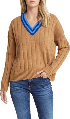 Tipped V-Neck Oversize Wool Blend Sweater