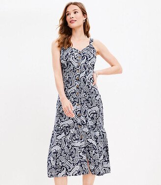 Petite Paisley Linen Blend Strappy Button Tiered Midi Dress