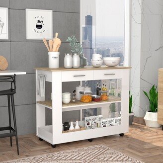 EDWINRAY 46 Cala Kitchen Island Cart with Two Drawers & Two Lower Open Shelves, Rustic Modern Furniture with Six Casters