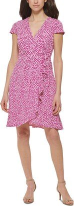 Petites Womens Floral Print Above Knee Wrap Dress