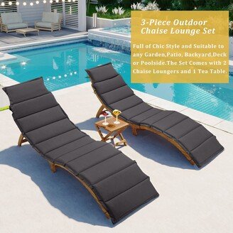 Vaniho Outdoor Patio Wood Portable Extended Chaise Lounge Set with Foldable Tea Table