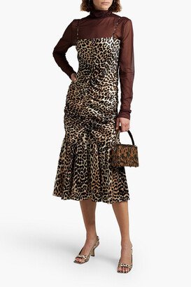 Ruched leopard-print silk-blend satin midi dress