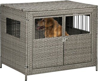 Rattan Dog Crate with Double Doors, Wicker Dog Cage with Large Entrance and Soft Cushion, Dog Kennel for Medium to Large Sized Dogs, Gray