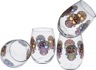 Sugar Skull Stemless Wine Glass 15-Ounce Set of 4