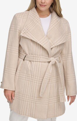 Women's Plus Size Asymmetrical Belted Wrap Coat, Created for Macy's - Beige/Ivory Plaid