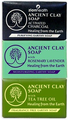 Zion Health Charcoal + Rosemary Lavender + Tea Tree Clay Soap Bundle 6 oz each