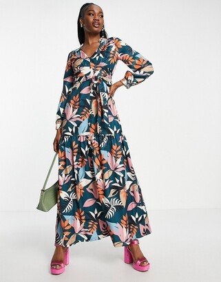 balloon sleeve maxi tea dress in botanical print