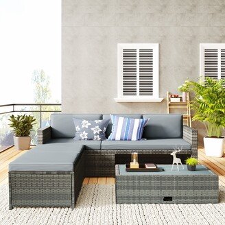 4-piece Outdoor Backyard Patio Rattan Sofa Set, All-weather PE Wicker Sectional Furniture Set with Retractable Table, Gray