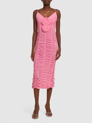 Ruched jersey midi dress w/roses