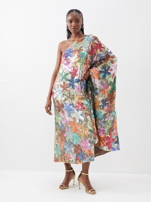 Floral-sequined One-shoulder Georgette Midi Dress