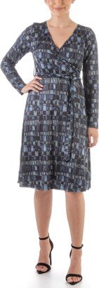 24seven Comfort Apparel Women's Long Sleeve Knee Length Faux Wrap Dress - Gray, Blue Multi